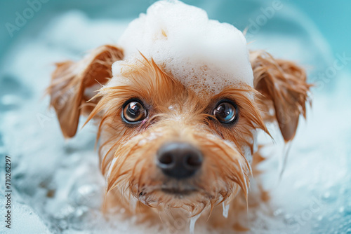 Funny face portrait of a dog showering with shampoo. Funny dog face taking a bath in grooming salon.