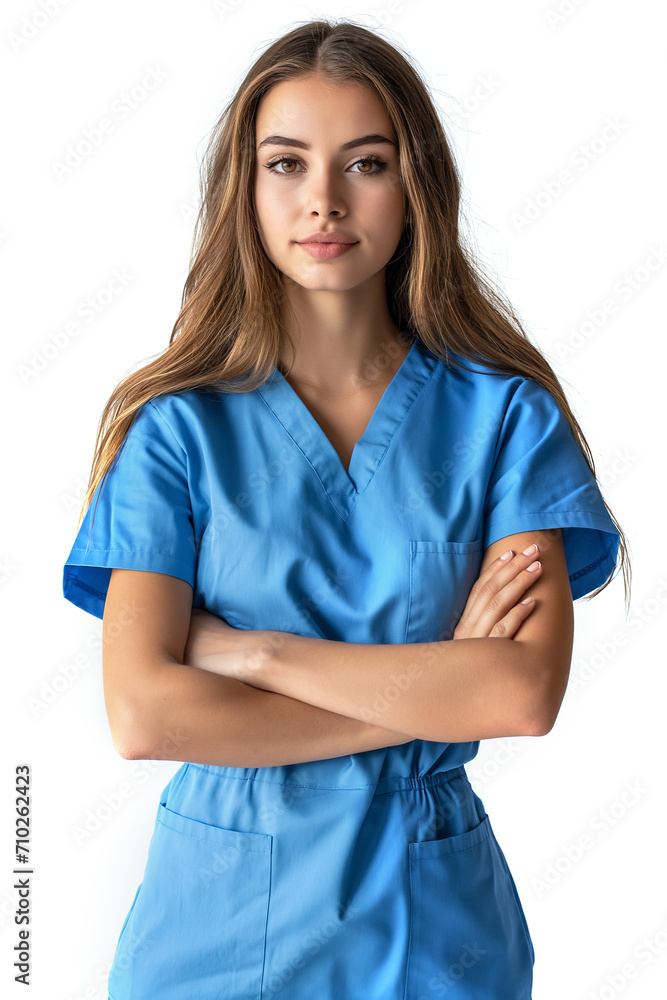 Young dentist female wearing in uniform cross arm standing isolated on white background. Young dentist female wearing in uniform cross arm standing isolated on white background.