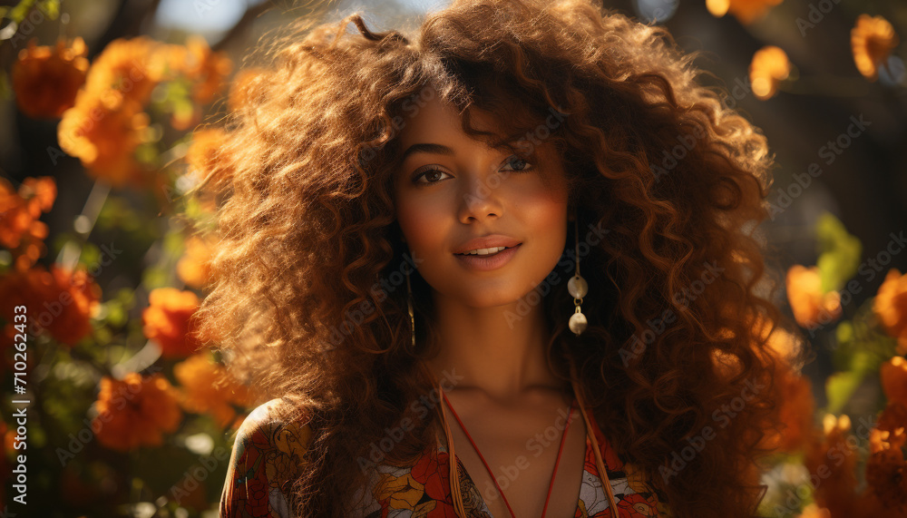 Smiling young woman, happiness in nature, looking at camera generated by AI Smiling young woman, happiness in nature, looking at camera generated by AI