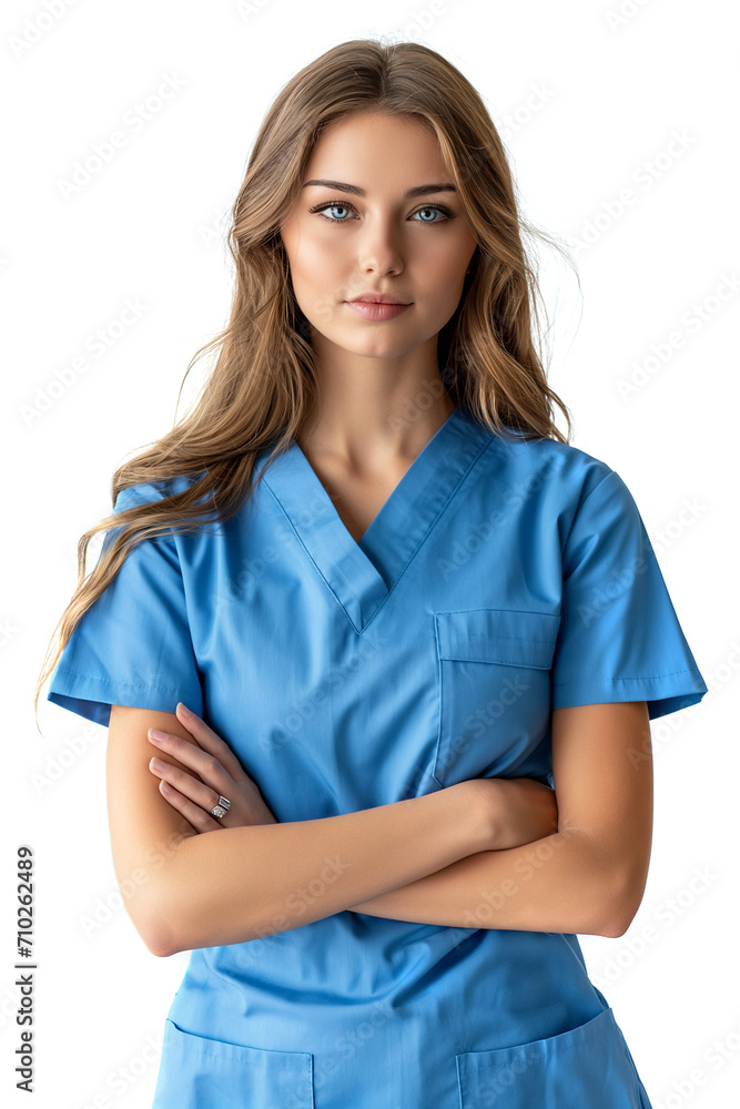 Young dentist female wearing in uniform cross arm standing isolated on white background. Young dentist female wearing in uniform cross arm standing isolated on white background.