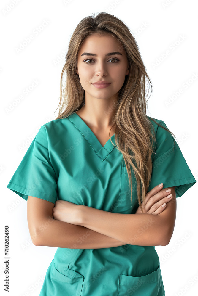 Young dentist female wearing in uniform cross arm standing isolated on white background. Young dentist female wearing in uniform cross arm standing isolated on white background.