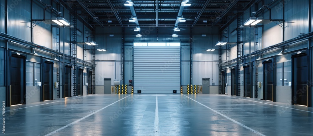 Industrial warehouse with retractable metal gate and security cameras on the front. Industrial warehouse with retractable metal gate and security cameras on the front.