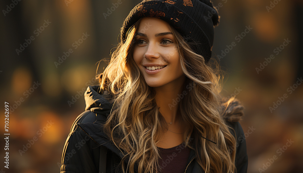 Smiling woman in autumn nature, looking at camera generated by AI Smiling woman in autumn nature, looking at camera generated by AI