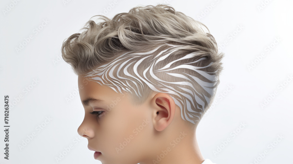 Zebra Dreams, A Vibrant and Playful Boy Sporting a Mohawk Undercut With a Striking Zebra Pattern on His Hair