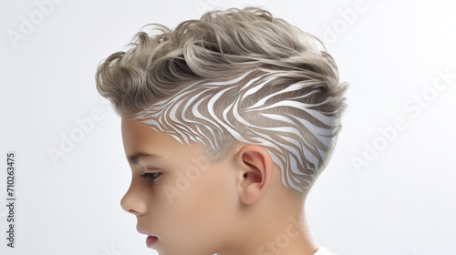 Zebra Dreams, A Vibrant and Playful Boy Sporting a Mohawk Undercut With a Striking Zebra Pattern on His Hair