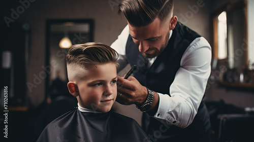 Harmonious Transformation, Captivating Scene of a Barber Sculpting a Young Boys Hair