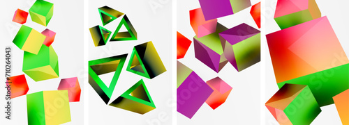 Flying 3d shapes, cubes and other geometric elements background design for wallpaper, business card, cover, poster, banner, brochure, header, website
