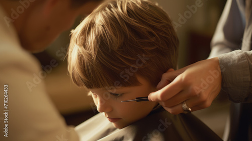 Harmony in the Salon, Captivating Portrait of a Boy Under the Expert Care of a Skilled Hairdresser