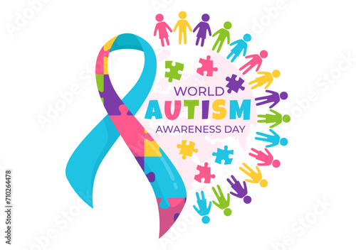World Autism Awareness Day Vector Illustration with Ribbon of Puzzle Pieces in Healthcare Flat Background Design