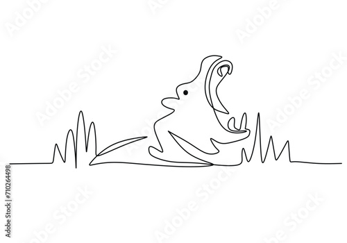 Hippopotamus in Continuous single line art drawing. Hippo animal wildlife. Vector illustration isolated. Minimalist design handdrawn.