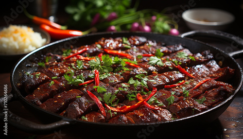 Grilled meat and vegetables on a rustic homemade barbecue plate generated by AI