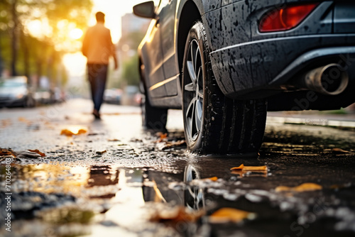 Autumn Spring travel, a person in front of a car. Concept of driving and driving safety. Close-up side view of car wheels with rainy tires on a wet road with day light	