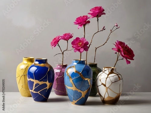 Kinsugi flower vases design comes to life with a modern twist, featuring bold and vibrant colors