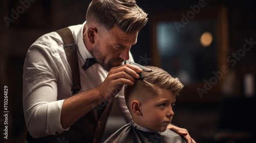 Harmonious Dance of Transformation, A Masterful Barber Perfects a Boys Coiffure