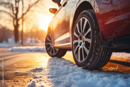 Concept of driving and driving safety. Winter travel. Close-up side view of car automobile wheels with winter tires on a snowy frost slippery road with sun light. Person in front