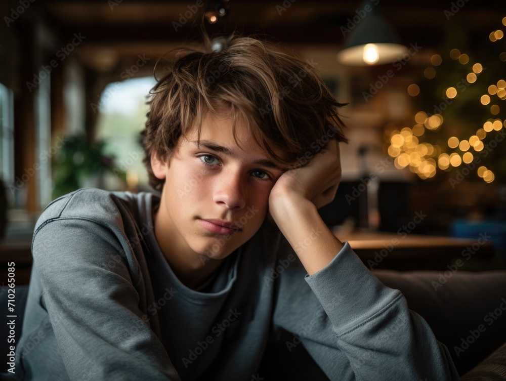 A young man sitting on a couch with his head in his hands. Generative AI. A young man sitting on a couch with his head in his hands. Generative AI.