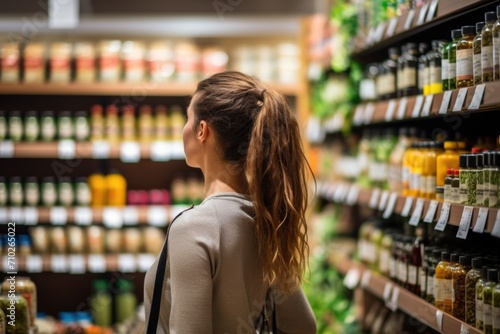 A woman is looking at the shelves of a grocery store. Generative AI.