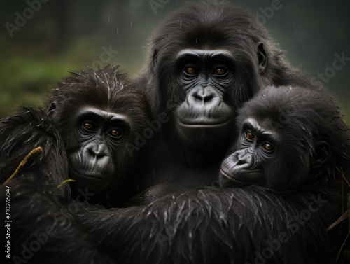 Three gorillas are hugging each other in the rain. Generative AI.