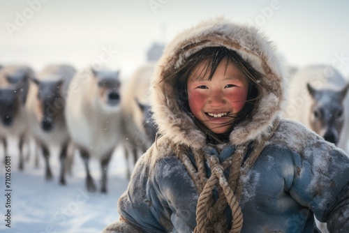 A young girl in a fur coat standing in front of a herd of reindeer. Generative AI.