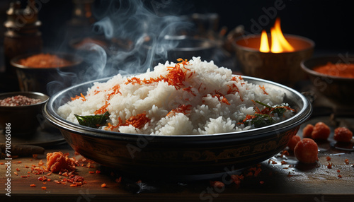 Fresh, healthy meal steamed basmati rice with grilled vegetables and pork generated by AI