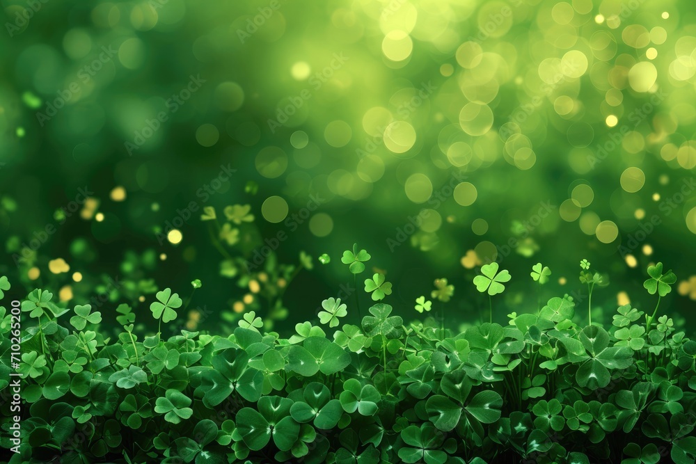 Fototapeta premium Green background with shamrocks , symbolizing Saint Patrick's Day. Generative AI