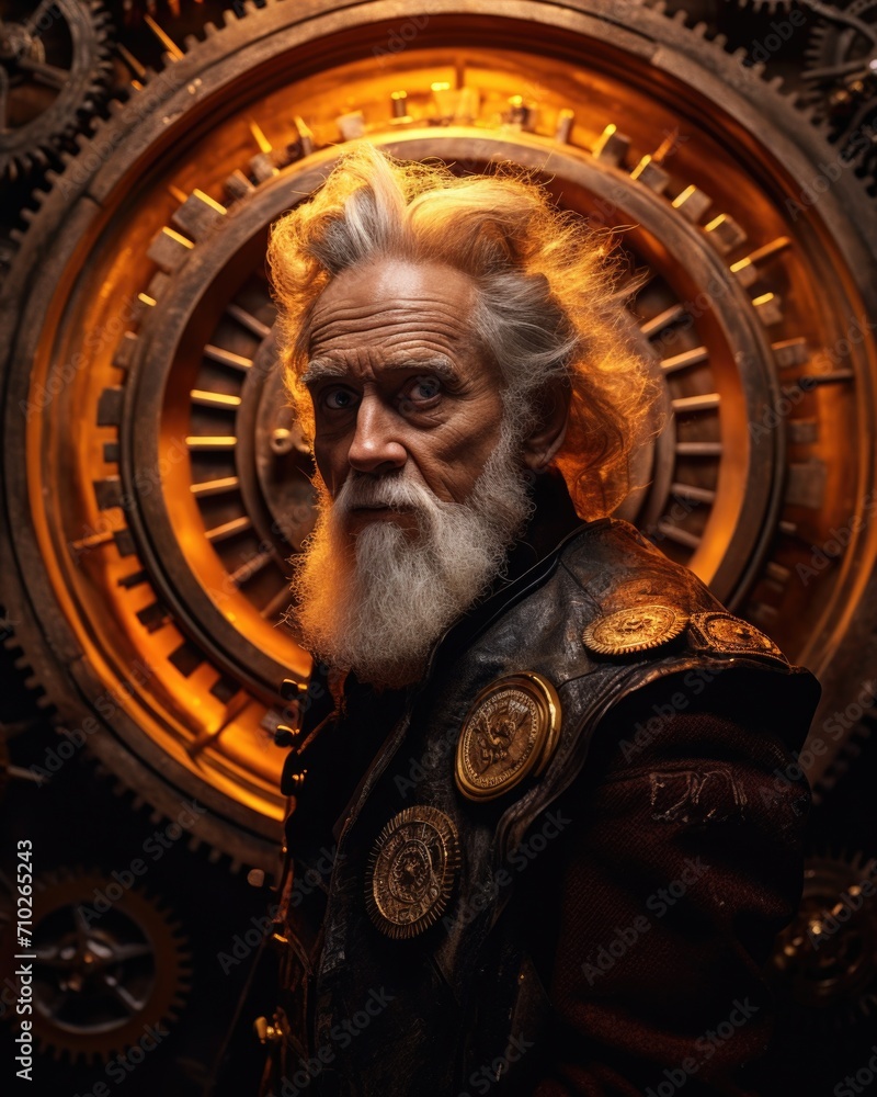 An old man with a beard and a clock in front of him. Generative AI.