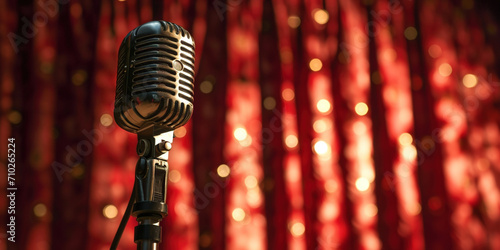 Theatre cabaret comedy show opera music concert club standup scene. Beginning of the show adult entertainment advertisement. Close up stage vintage microphone on bar stage, copy paste place for text photo