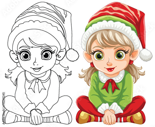 Colorful and outlined versions of a Christmas elf girl.