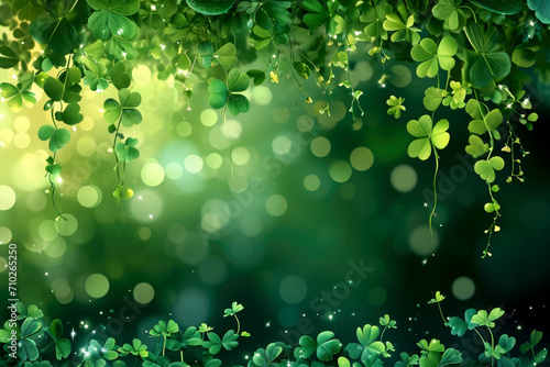 Green background with shamrocks , symbolizing Saint Patrick's Day. Generative AI
