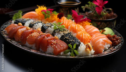 Fresh seafood plate, sushi rolls, healthy eating, Japanese culture, dining generated by AI