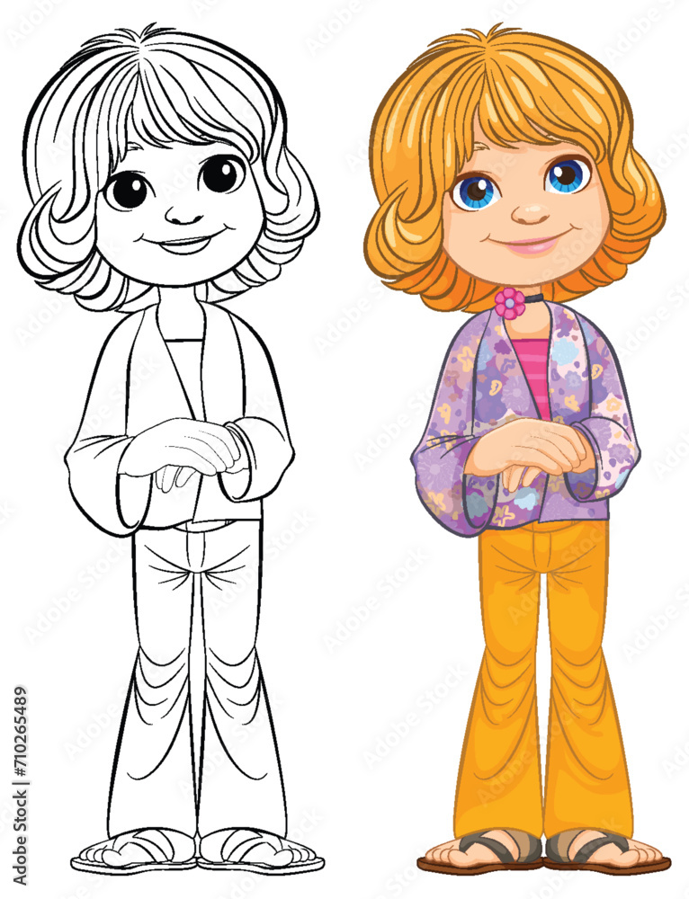 Black and white and colored cartoon girl illustrations. Black and white and colored cartoon girl illustrations.