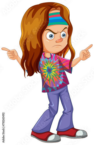 Cartoon girl with a frown pointing in two directions.