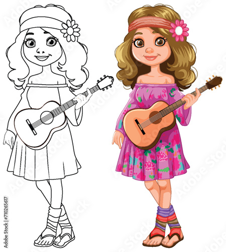 Cartoon girl holding guitar, colored and line art.