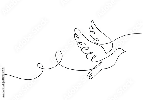 Bird flying in continuous line art drawing. Pigeon dove bird fly symbol of peace.. Vector illustration isolated. Minimalist design handdrawn.