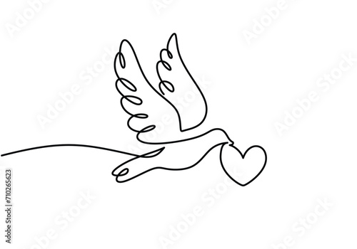 Dove bird flying with heart symbol. Continuous one line art drawing. Vector illustration isolated. Minimalist design handdrawn.