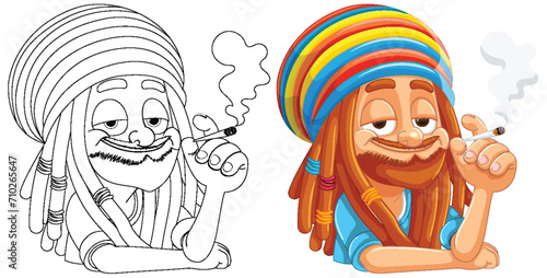 Two happy Rastafarian men smoking and relaxing.