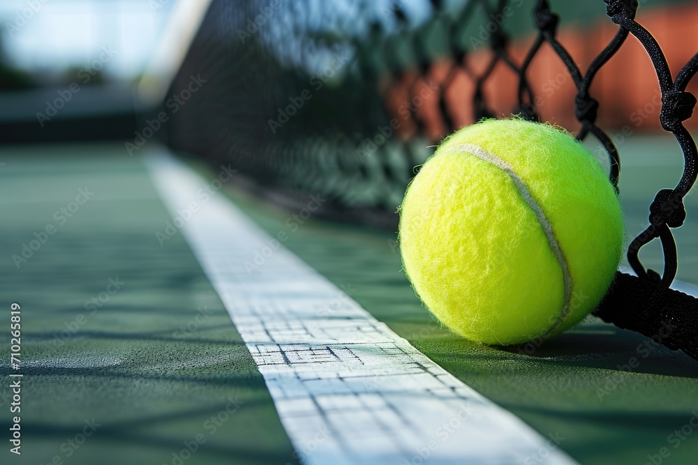 tennis ball on the line court near net . generative ai