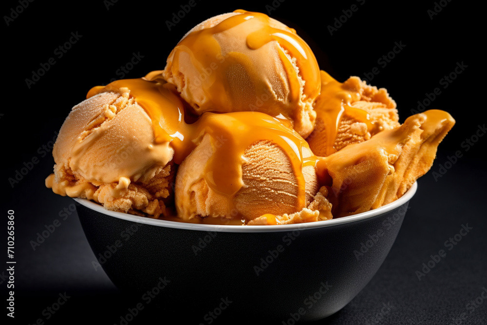 A close-up view of a bowl of salted caramel ice cream. (Generative AI) A close-up view of a bowl of salted caramel ice cream. (Generative AI)