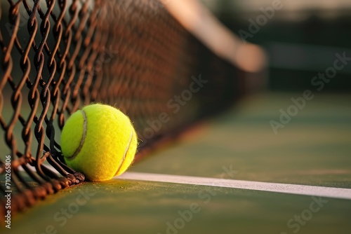 tennis ball on the line court near net . generative ai © Phichitpon