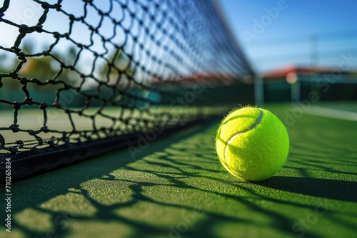 tennis ball on the line court near net . generative ai © Phichitpon