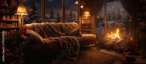 Teenager reading book on cozy sofa in log house on winter evening.