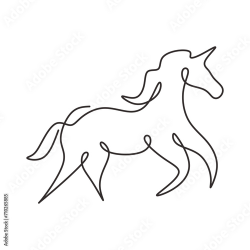 Unicorn one line drawing. Horse animal contour continuous style with magic theme. Vector illustration isolated. Minimalist design handdrawn.