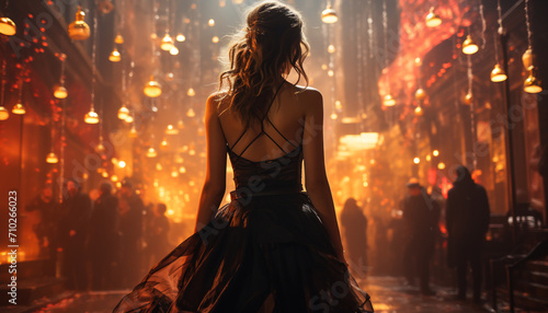 Young adult woman in elegant dress dances outdoors at night generated by AI