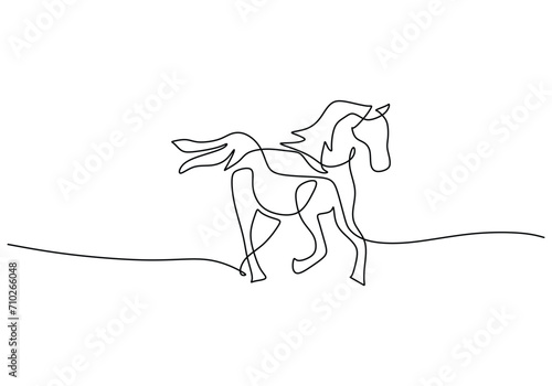 Horse running in continuous line art drawing. One single contour draw animal. Vector illustration isolated. Minimalist design handdrawn.