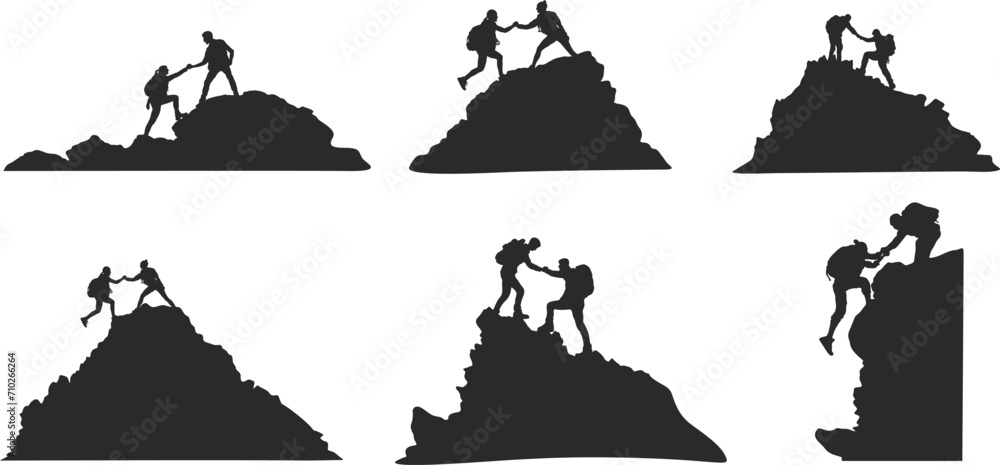 Helping friend reach the mountain top silhouette, Silhouette team helping, Teamwork, together, success, victory, goal, achievement, Helping friend silhouette. Helping friend reach the mountain top silhouette, Silhouette team helping, Teamwork, together, success, victory, goal, achievement, Helping friend silhouette.
