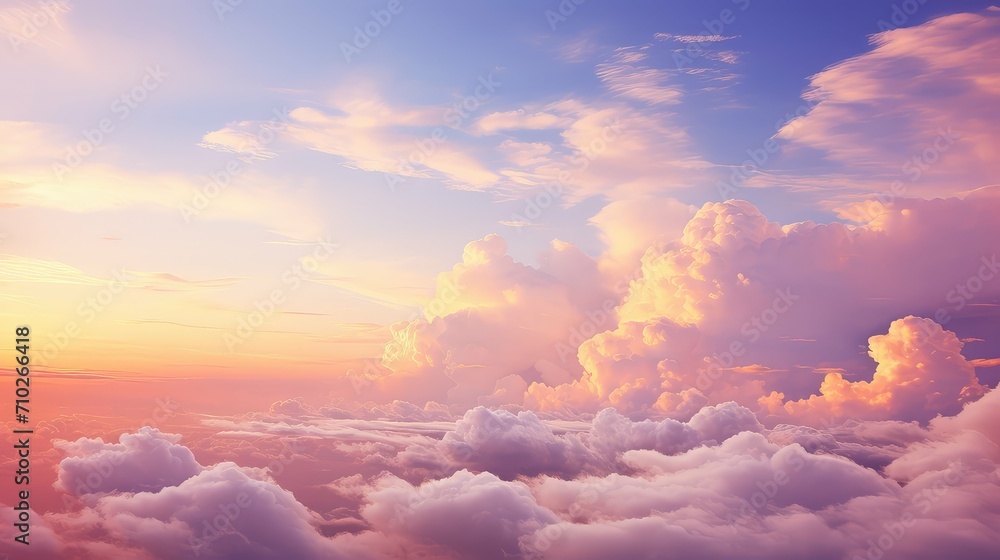 blue cumulus sky background illustration fluffy puffy, serene peaceful, expansive ethereal blue cumulus sky background