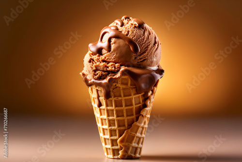 A close-up view of a chocolate peanut butter ice cream cone. (Generative AI)