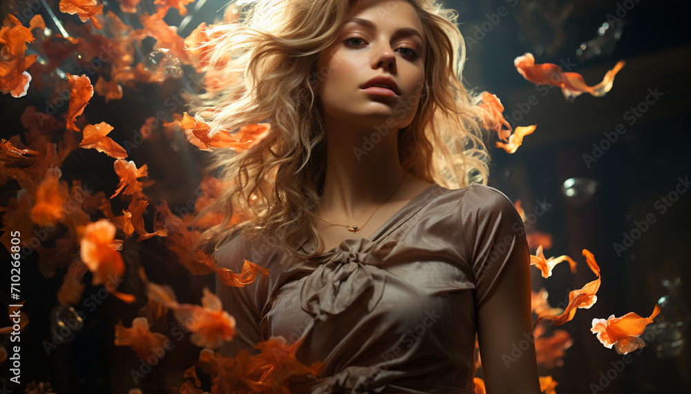 A beautiful young woman in autumn, exuding elegance and sensuality generated by AI