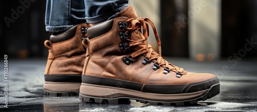 Female unpacks trendy brown waterproof hiking winter boots, shopped online from home.