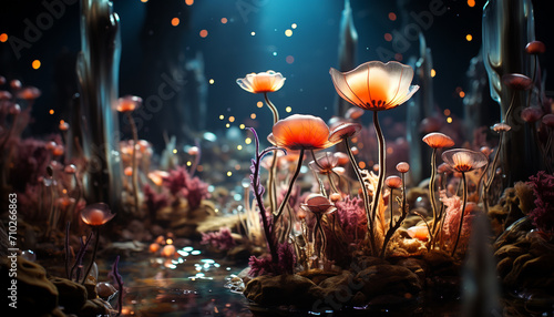 Underwater plant blooms in multi colored beauty, surrounded by aquatic life generated by AI © Jeronimo Ramos